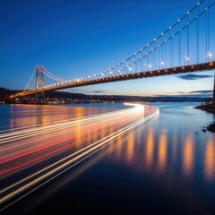 Obraz premium Illuminated Suspension Bridge Under Twilight Sky With Light Trails