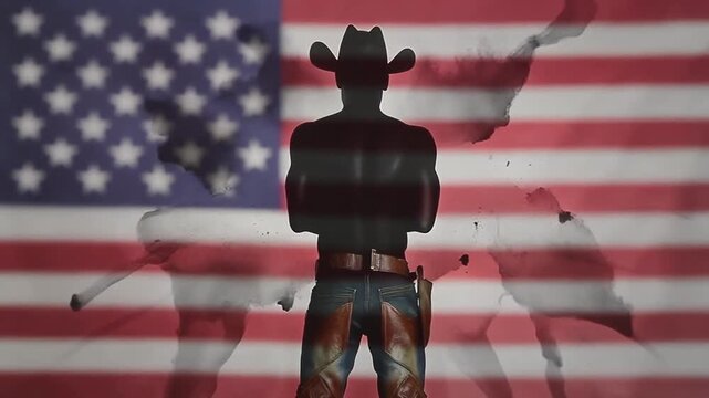 American cowboy standing before flag with horses