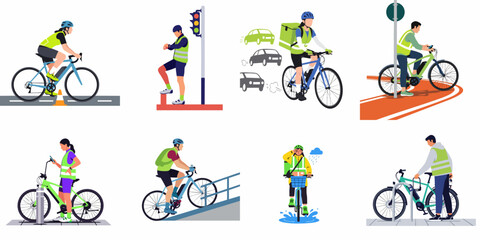 Fototapeta premium A collection of flat illustrations featuring people riding bicycles, commuting, delivering food, and navigating urban environments with safety gear and equipment.