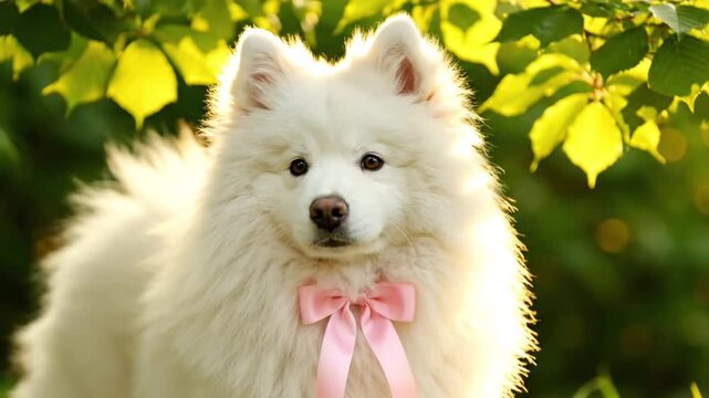 Adorable fluffy white Samoyed dog with a pink bow in a sunny park.