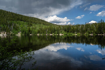 Fototapeta premium Scenic Rocky Mountain Landscape with Evergreen Hillside in Rocky Mountain NP, Colorado