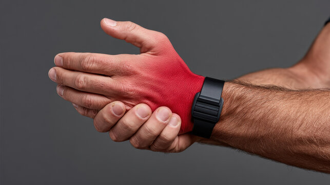 Man holding wrist with red inflamed skin and pain, clutching hand to soothe burning sensation while wearing black wristband