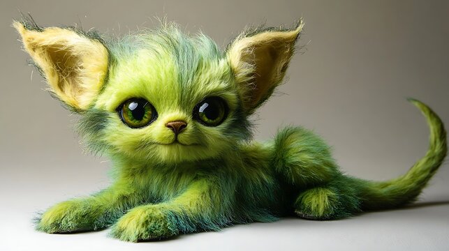 Playful, green monster with soft, wavy fur, large ears, and a mischievous tail 