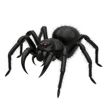 gigantic obsidian black spider with razor-sharp fangs and reflective red compound eyes, displaying an aggressive stance in a high-key studio macro portrait, concept of intense fear and horror