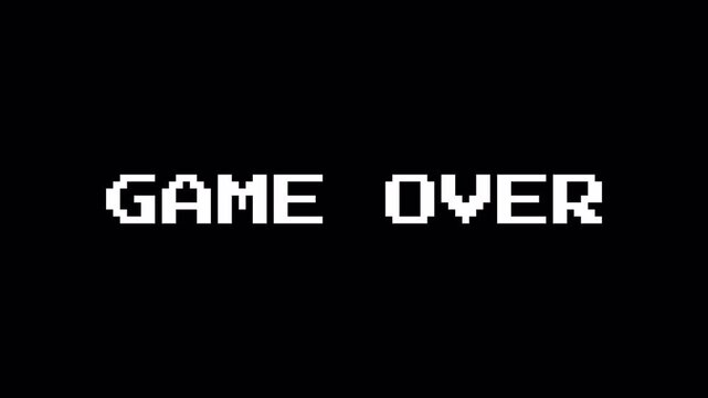 Retro Game Over Glitch Animation with 8-Bit Pixel Art Distortion and VHS Static Effect on Isolated Black Background for Arcade Video Game Error Screens transparent background alpha channel