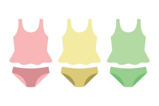 Kids tankini swimsuit set with ruffles and bows for girls beach fashion flat vector
