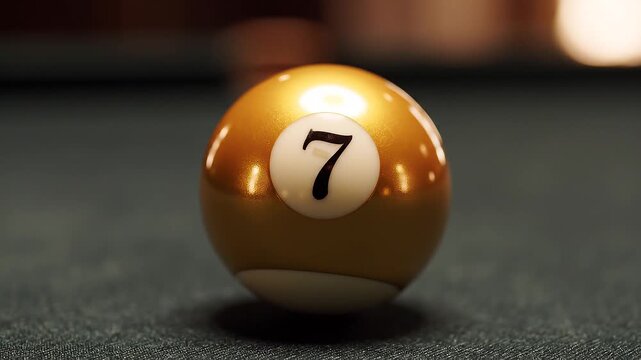 Close-up of a single gold pool ball with the number seven on a table