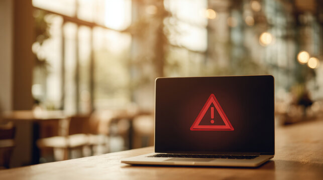 Laptop warning symbol cyber security alert on laptop screen in office environment morning light