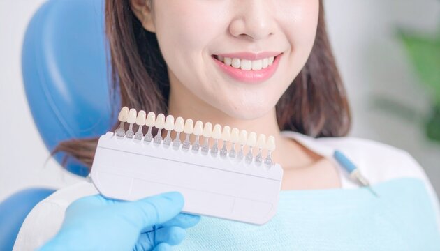 밝은 미소를 위한 색상 비교를 위한 치아 미백표를 들고 있는 환자