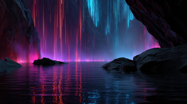 A shimmering lake of binary light, neon cascades fall from cavern ceiling into reflective water, surreal digital aurora paints rocky shore with pink and cyan glow