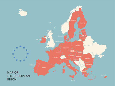 European Union map with country names and borders. Clear political map showing EU member states.