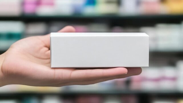 A hand holds a rectangular white box against a blurred backdrop of pharmacy shelves