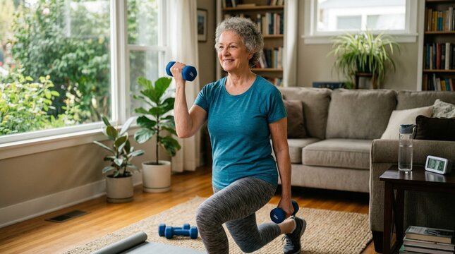 Active Lifestyle: An elderly woman engages in a home workout with dumbbells. This image captures the essence of healthy aging and physical fitness.