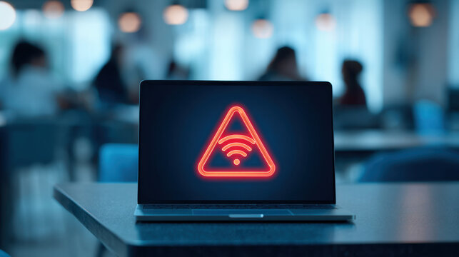 Laptop displaying glowing red warning icon for wireless signal on desk in blurred office environment conveying connectivity issue and urgency