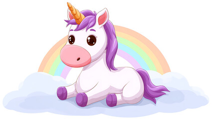 Fototapeta premium A cute white unicorn is laying on a rainbow