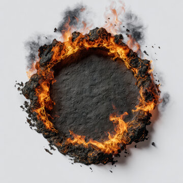 Burning tar circle tar surface fire ring smoke plume flaming asphalt blackened ground combustion heat ember charred edge