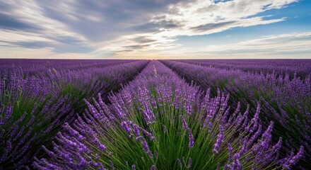 Obraz premium Vibrant lavender field at golden hour with sunset sky and lush green foliage