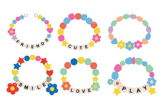 Cute colorful bead bracelet jewelry set with flower and star charms flat vector