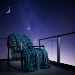 Fototapeta premium A thick wool blanket drapes over a chair on a balcony at night under a glittering starry sky, capturing the quiet mood of late insomnia, peaceful, blanket, night