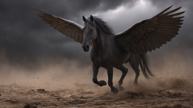 Black winged horse gallops through stormy desert, wings spread wide, sand whipping around powerful hooves, dramatic clouds and motion convey wild energy and mystery
