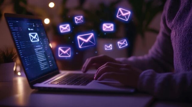 A person uses a laptop in a dimly lit setting with glowing email icons overlaid