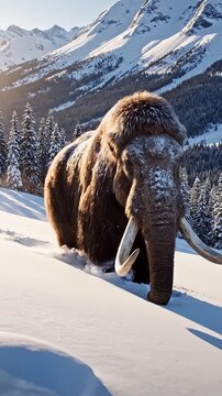Woolly mammoth walks through snowy mountainous terrain