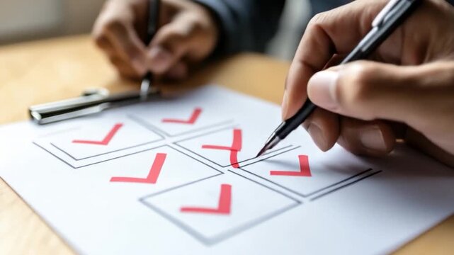 Close-up of hands filling in a checklist with red check marks, on a white paper document