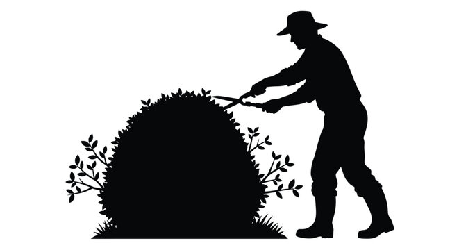 Gardener trimming a large bush with shears a striking silhouette