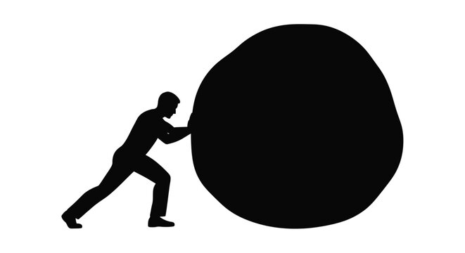Man struggling to push a large boulder uphill a powerful silhouette