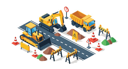 Naklejka premium Isometric construction site with heavy machinery and road barriers silhouette