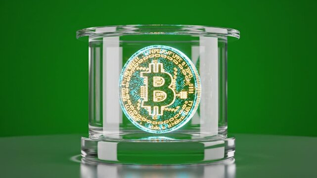 Bitcoin logo on glass cylinder object.