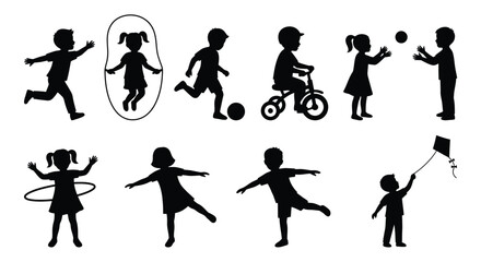 Fototapeta premium Children playing with toys and enjoying outdoor activities black silhouette
