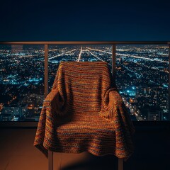 Fototapeta premium A thick blanket rests on a balcony chair overlooking a vast urban landscape filled with shimmering distant city lights during a dark night sky, overlook, architecture, evening