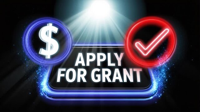 Financial Grant Application Success Button Glowing Neon Blue Border with Checkmark and Dollar Sign