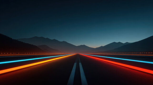 Neon road lines converge toward distant mountains at dusk creating vibrant blue, red and orange light trails and futuristic perspective with moody sky and silhouetted ridgelines
