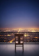 Fototapeta premium An empty chair on a high balcony overlooks a vast urban landscape glowing with golden lights under a dark night sky in a quiet moment, twilight, illumination, midnight
