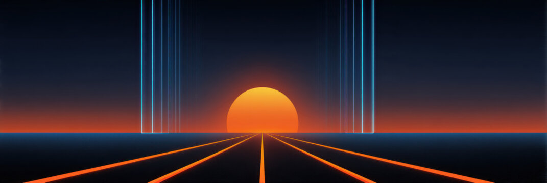 Bright blue outrun style background of sunset abstract neon horizon with glowing orange sun and reflective road leading forward in retro futuristic composition