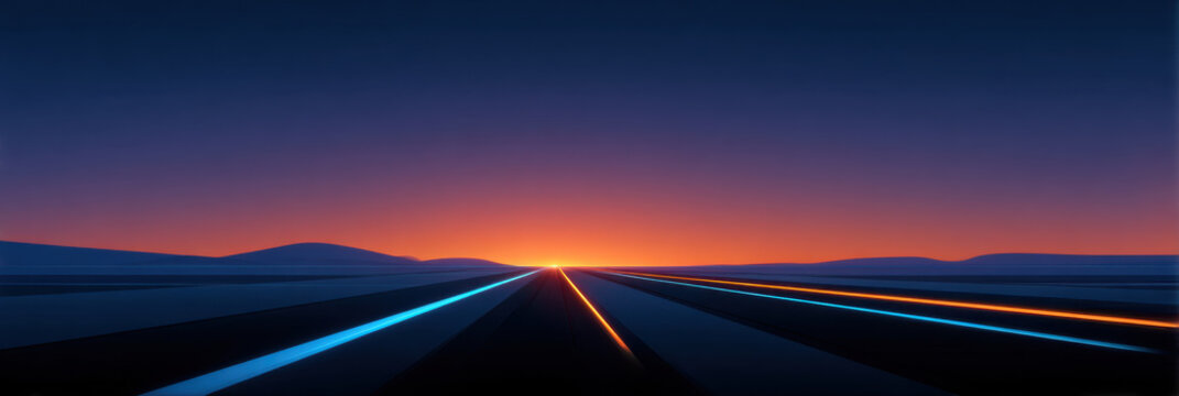 Neon blue sunset road neon orange horizon retro futurism outrun style abstract landscape digital art dusk glow long perspective illuminated lines minimal composition