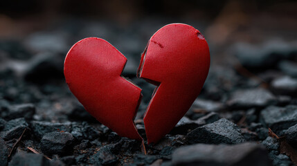Obraz premium Broken heart red wooden heart cracked on dark gravel ground emotional broken relationship symbol