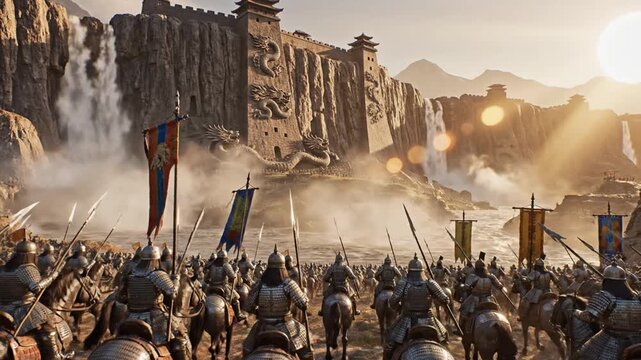 Epic Cavalry Charge Toward an Ancient Dragon Fortress at Sunset