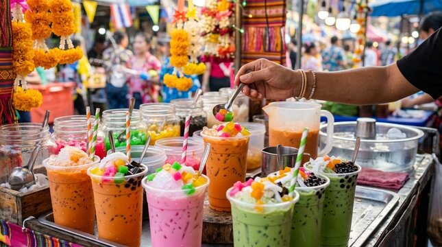 Close-up of Thai street food vendor at a Songkran festival market stall, no faces, no text, no logos, Songkran food concept for Thai brand or travel editorial, commercial use