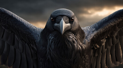 Obraz premium Majestic black raven close up with wings spread against dramatic cloudy sky, intense gaze and textured feathers evoking power and mystery