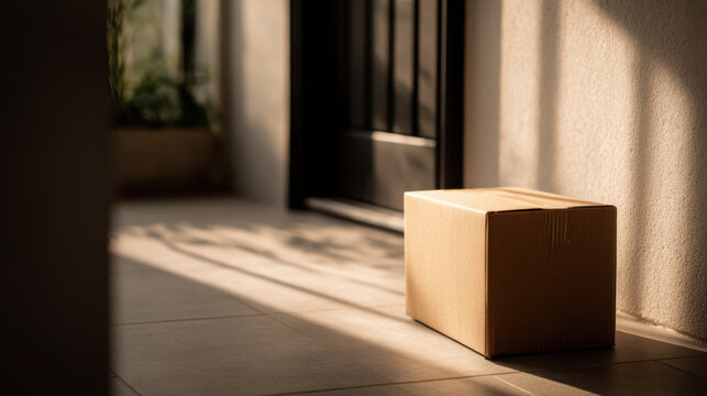 Cardboard box delivery box doorstep morning sunlight shadow entrance tile floor corrugated box parcel package