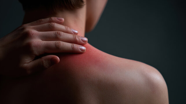 Reddened shoulder and neck skin with hand touching painful area, close up of irritated skin and inflammation