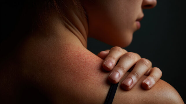 Red irritated skin on upper back and shoulder with hand gently touching area, showing redness and discomfort from rash or sunburn