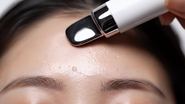 Close Up Of A Woman's Forehead Being Treated With An Ultrasonic Skin Scrubber Device With A White Handle And Silver Metal Tip