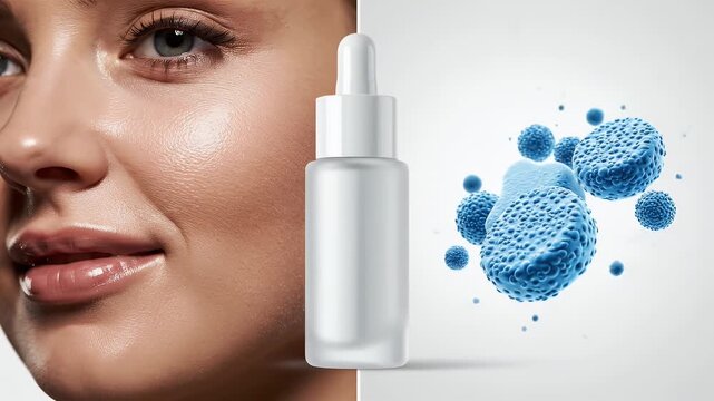 Close up of a woman's glowing skin next to animated abstract blue cells representing cellular health and skincare efficacy in 4K resolution studio lighting