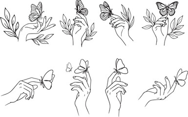 Naklejka premium Line hands release beautiful butterflies. Hand with leaf and butterfly on finger, freedom and carefree summer hand drawn vector illustration set