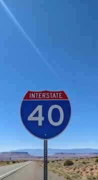 Interstate 40 Highway Sign Under Vast Blue Sky Desert Landscape