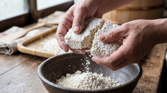 Hands crumbling dried koji rice block mold